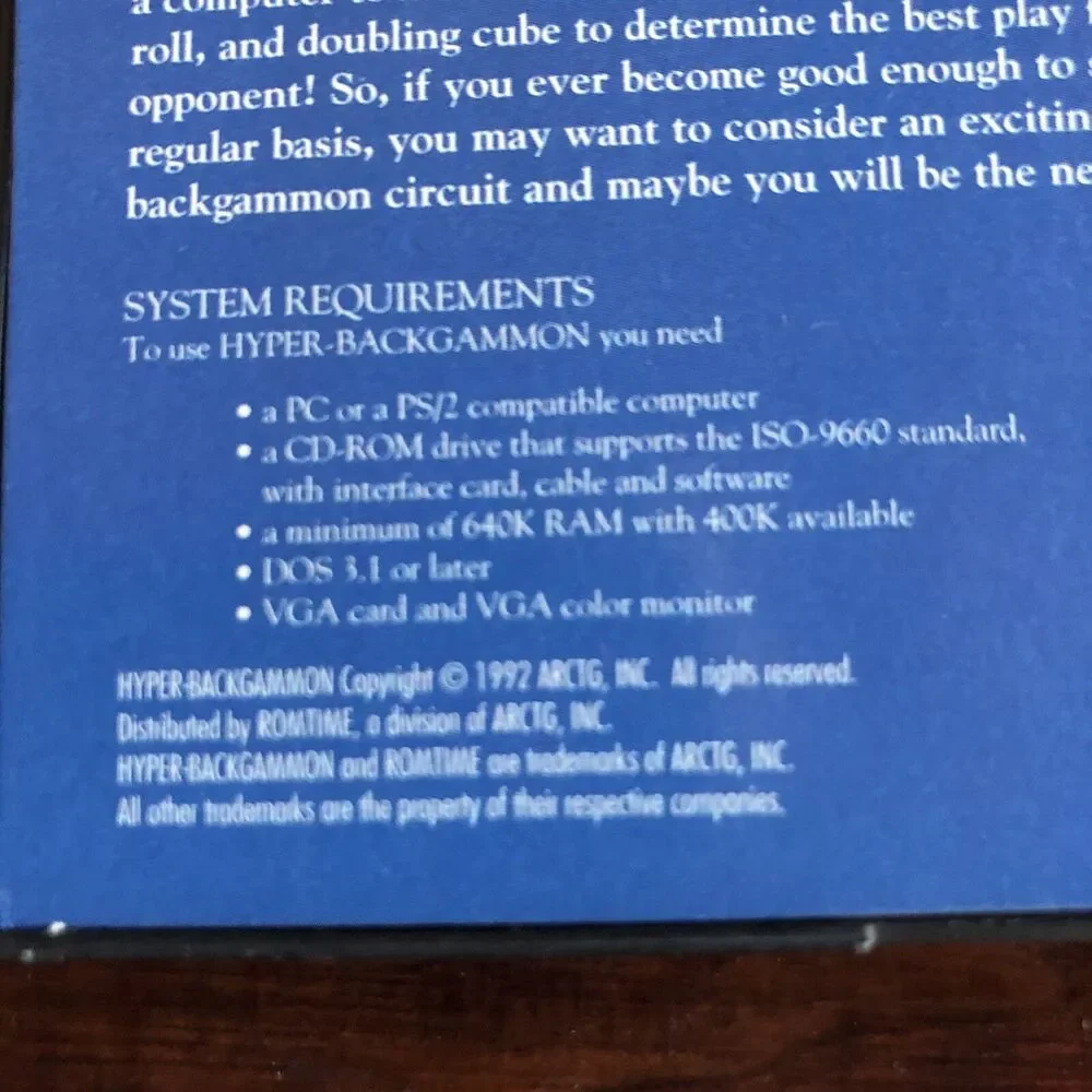 Hyper-Backgammon / Game of Lightning Speed PC MS-DOS 1992 Hugh Sconyers